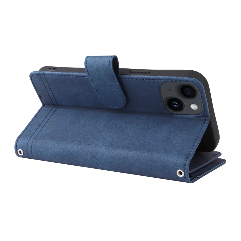 For iPhone 15 Plus Zipper Pocket Phone Case Imprinted Skin-touch Wallet Stand Multiple Card Slots PU Leather Cover - Blue - 4