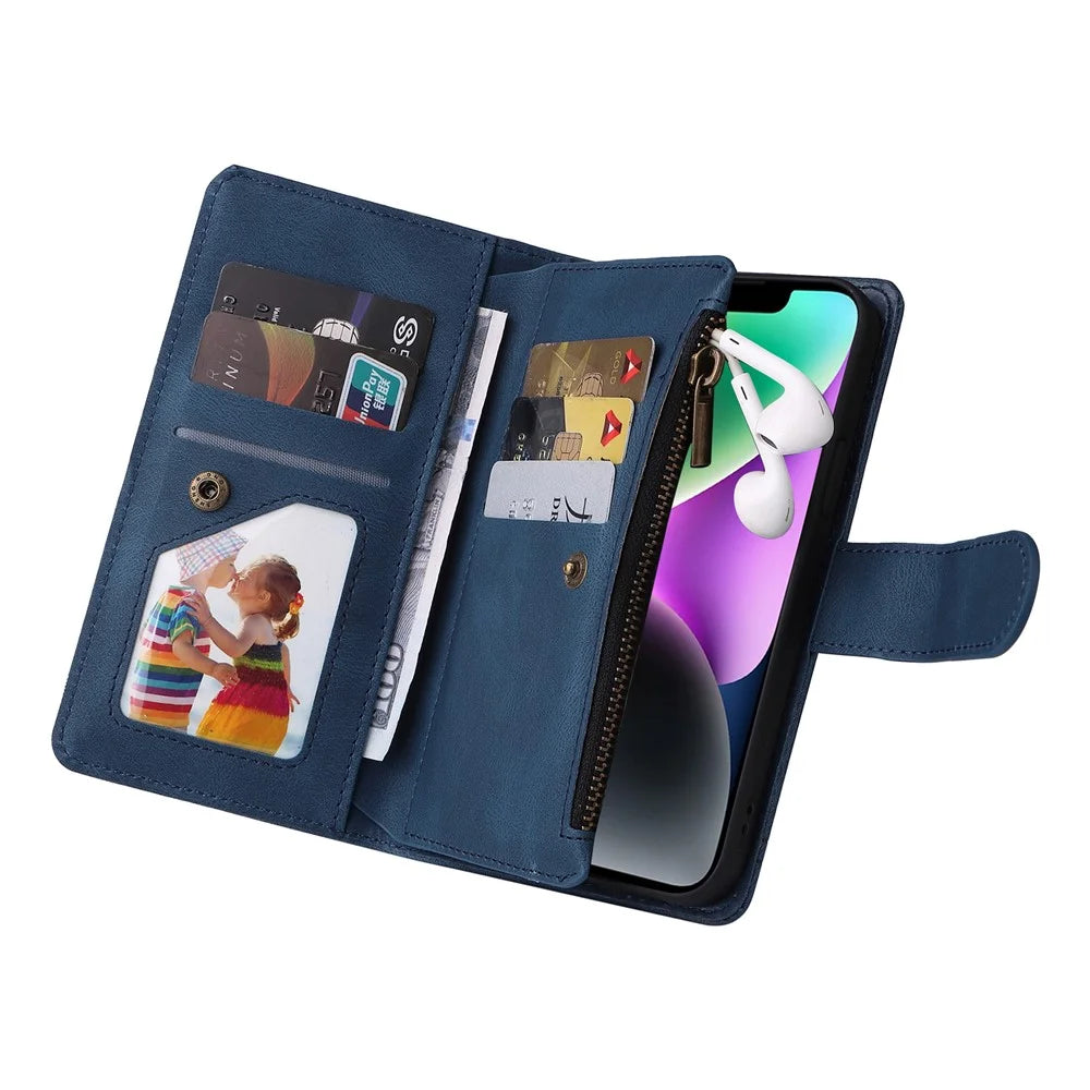 For iPhone 15 Plus Zipper Pocket Phone Case Imprinted Skin-touch Wallet Stand Multiple Card Slots PU Leather Cover - Blue - 5