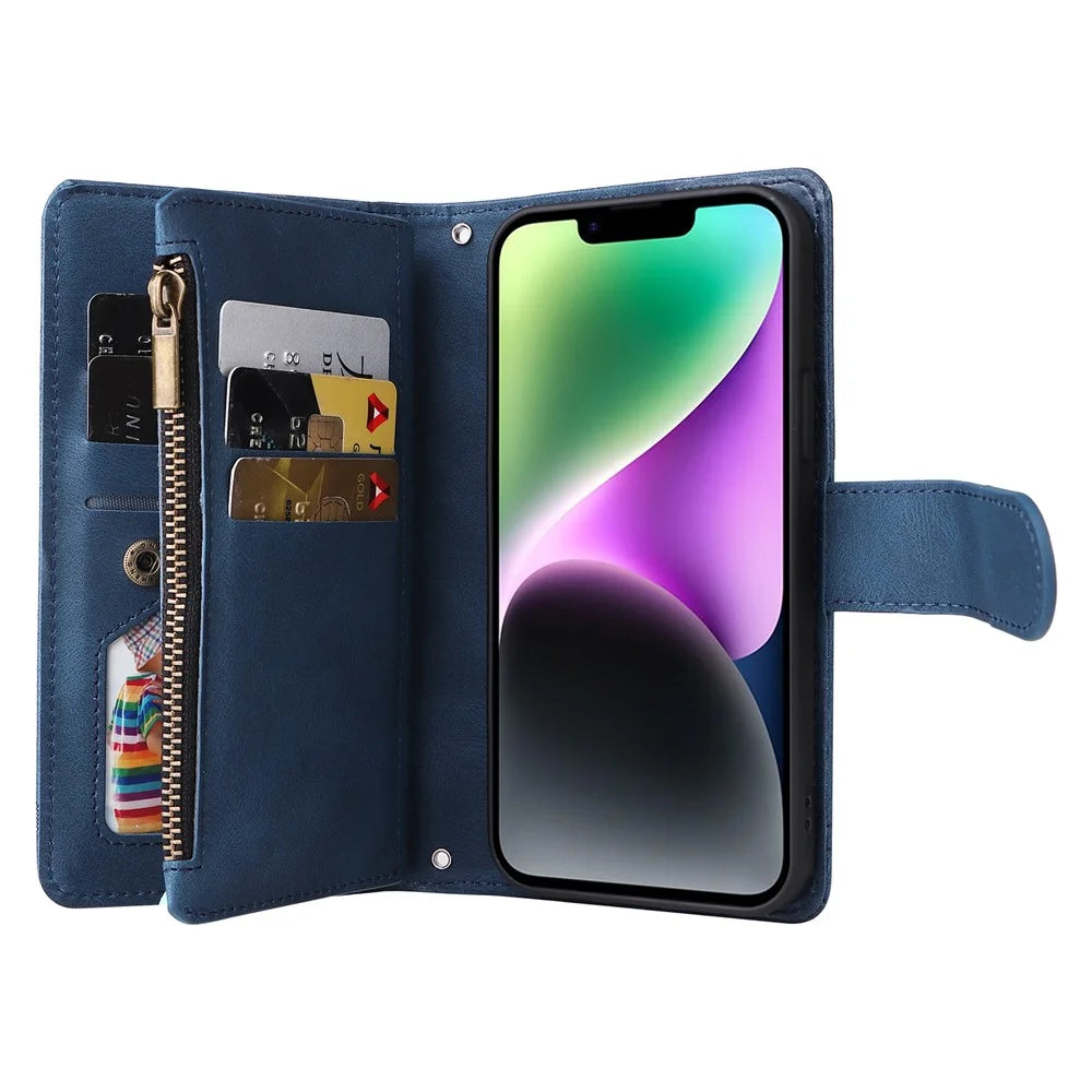 For iPhone 15 Plus Zipper Pocket Phone Case Imprinted Skin-touch Wallet Stand Multiple Card Slots PU Leather Cover - Blue - 6