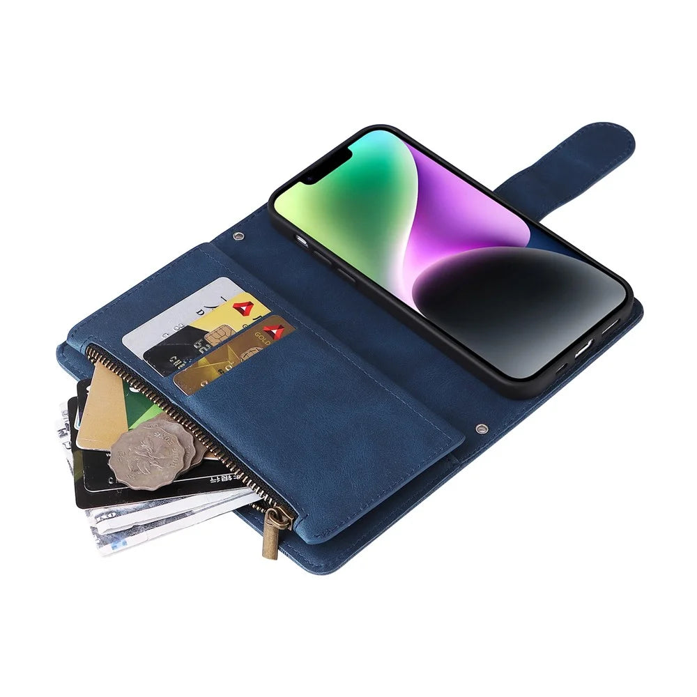 For iPhone 15 Plus Zipper Pocket Phone Case Imprinted Skin-touch Wallet Stand Multiple Card Slots PU Leather Cover - Blue - 7