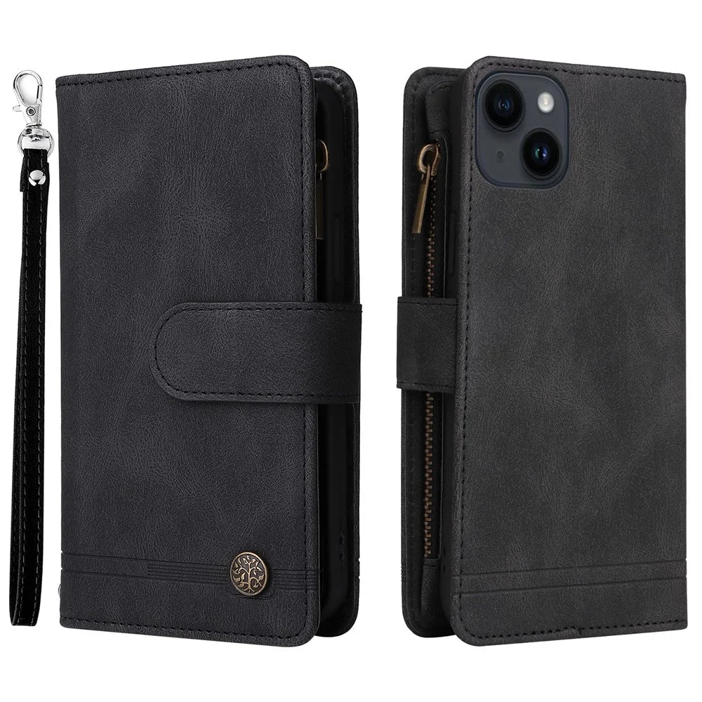 Skin-touch Phone Case for iPhone 15 Zipper Pocket Imprinted Wallet Stand Multiple Card Slots PU Leather Cover - Black - 1