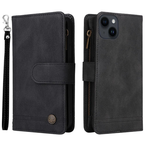 Skin-touch Phone Case for iPhone 15 Zipper Pocket Imprinted Wallet Stand Multiple Card Slots PU Leather Cover - Black - 1