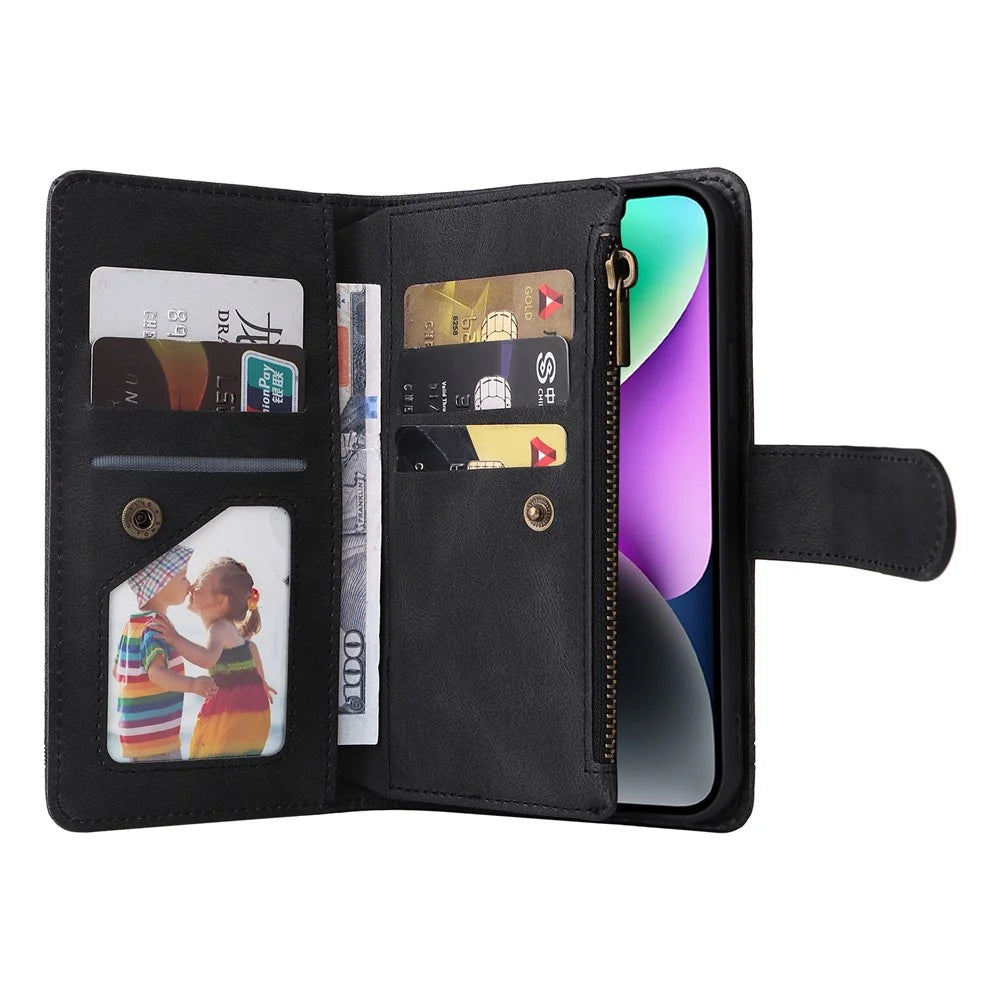 Skin-touch Phone Case for iPhone 15 Zipper Pocket Imprinted Wallet Stand Multiple Card Slots PU Leather Cover - Black - 2