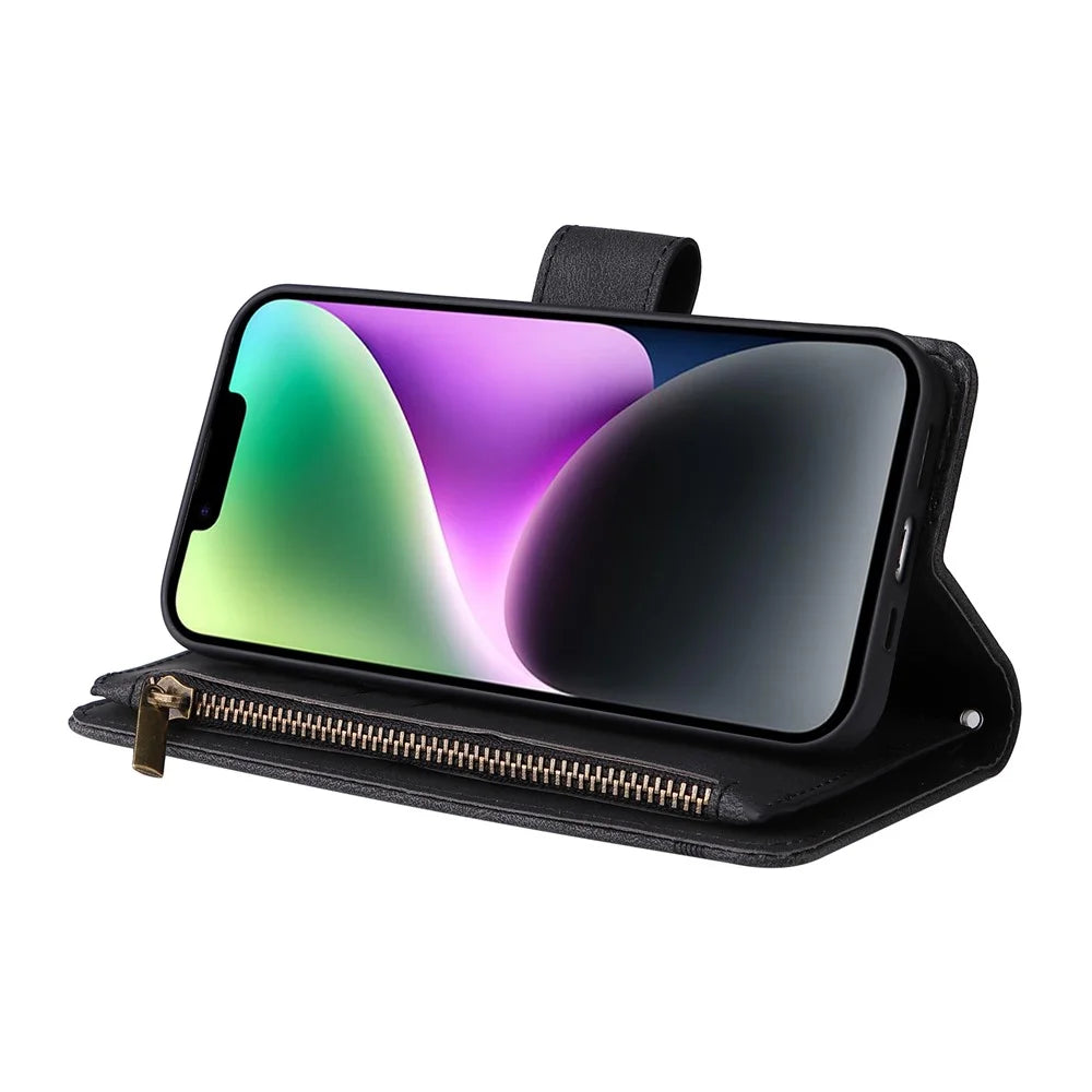 Skin-touch Phone Case for iPhone 15 Zipper Pocket Imprinted Wallet Stand Multiple Card Slots PU Leather Cover - Black - 3