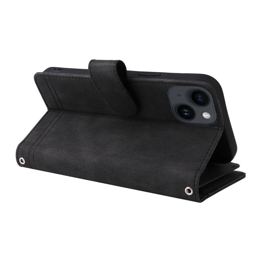 Skin-touch Phone Case for iPhone 15 Zipper Pocket Imprinted Wallet Stand Multiple Card Slots PU Leather Cover - Black - 4