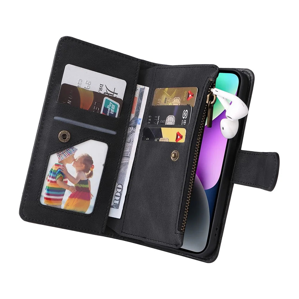 Skin-touch Phone Case for iPhone 15 Zipper Pocket Imprinted Wallet Stand Multiple Card Slots PU Leather Cover - Black - 5