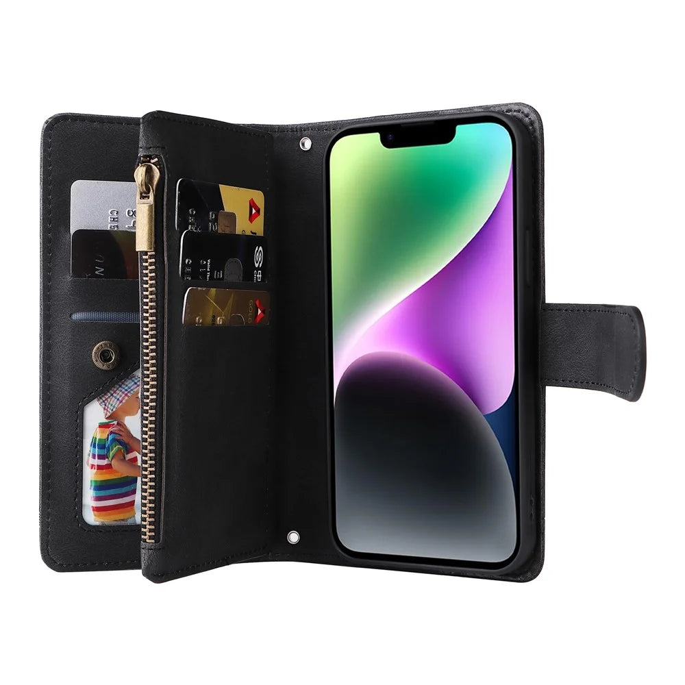 Skin-touch Phone Case for iPhone 15 Zipper Pocket Imprinted Wallet Stand Multiple Card Slots PU Leather Cover - Black - 6
