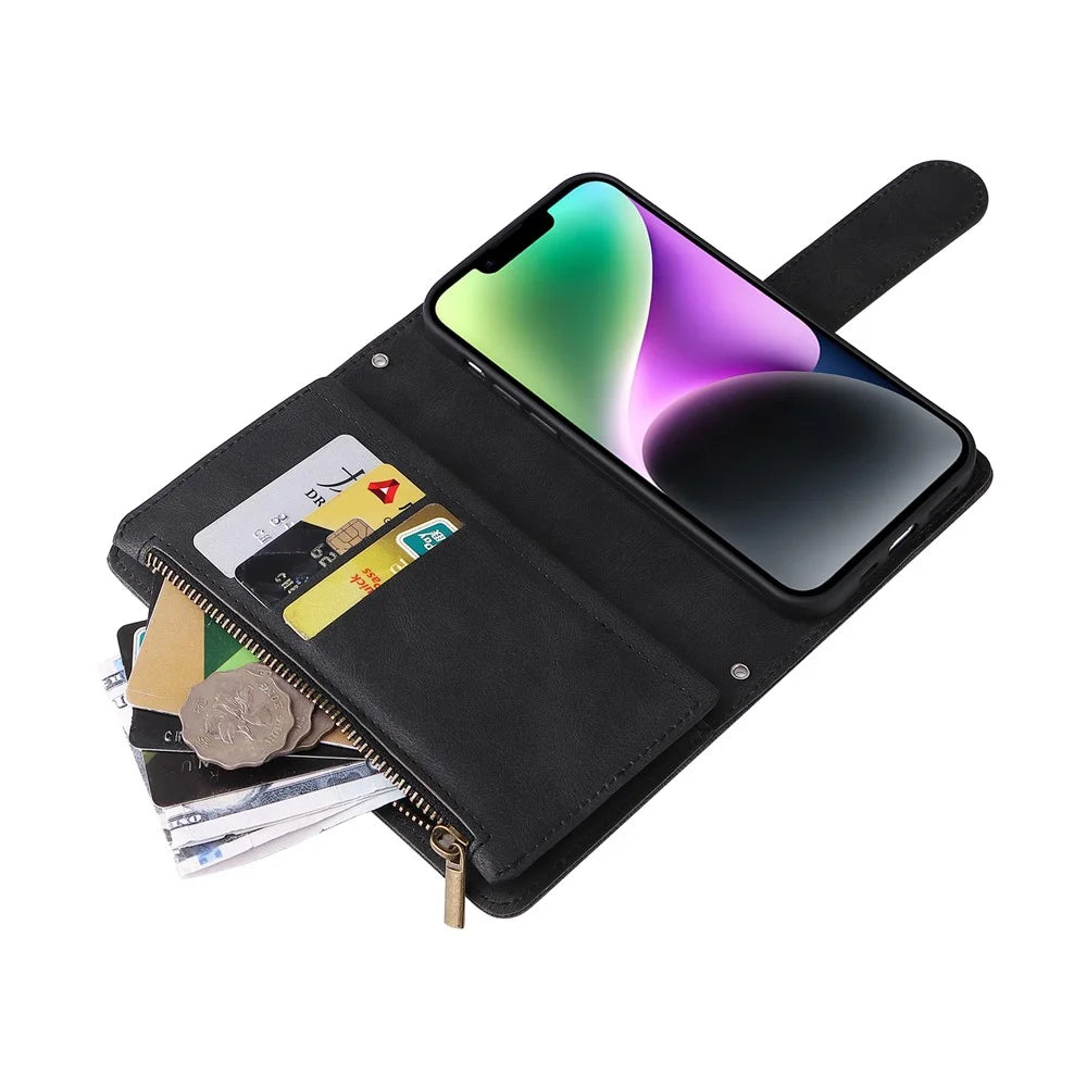 Skin-touch Phone Case for iPhone 15 Zipper Pocket Imprinted Wallet Stand Multiple Card Slots PU Leather Cover - Black - 7
