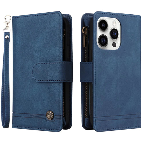 For iPhone 15 Pro Stand Case Zipper Pocket Phone Imprinted Skin-touch Wallet Multiple Card Slots Leather Cover - Blue - 1