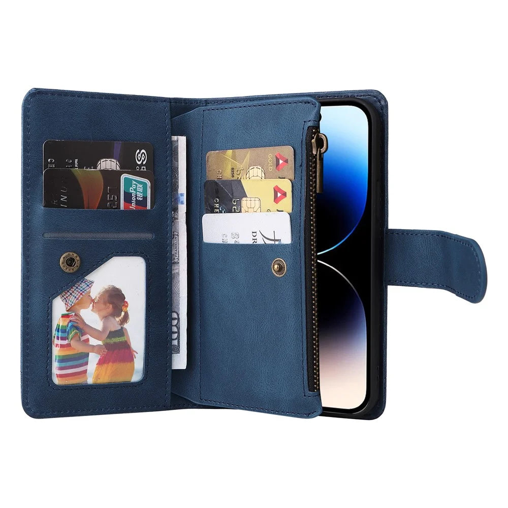 For iPhone 15 Pro Stand Case Zipper Pocket Phone Imprinted Skin-touch Wallet Multiple Card Slots Leather Cover - Blue - 2