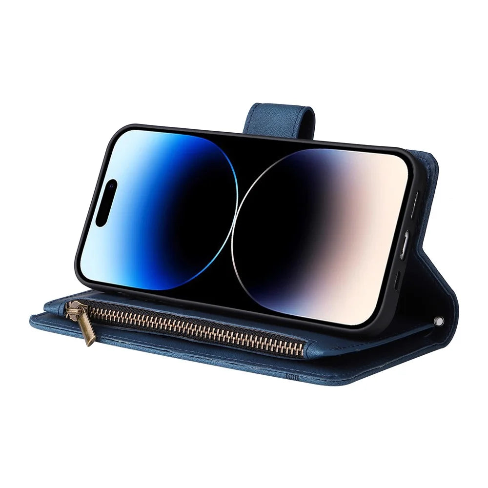 For iPhone 15 Pro Stand Case Zipper Pocket Phone Imprinted Skin-touch Wallet Multiple Card Slots Leather Cover - Blue - 3