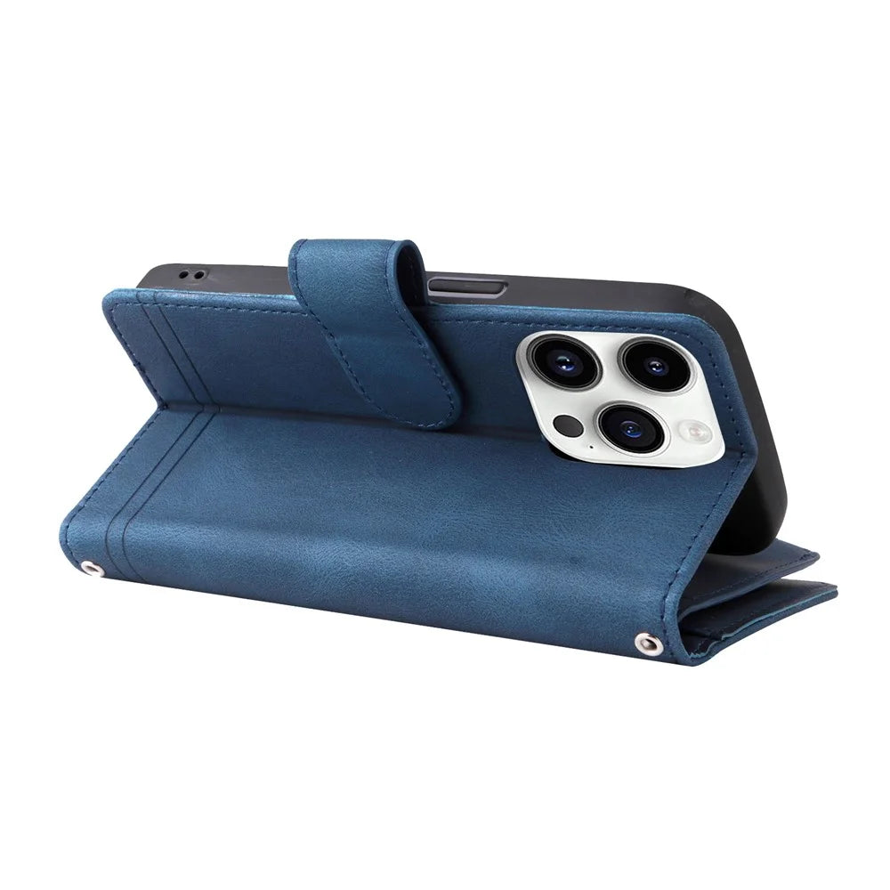 For iPhone 15 Pro Stand Case Zipper Pocket Phone Imprinted Skin-touch Wallet Multiple Card Slots Leather Cover - Blue - 4