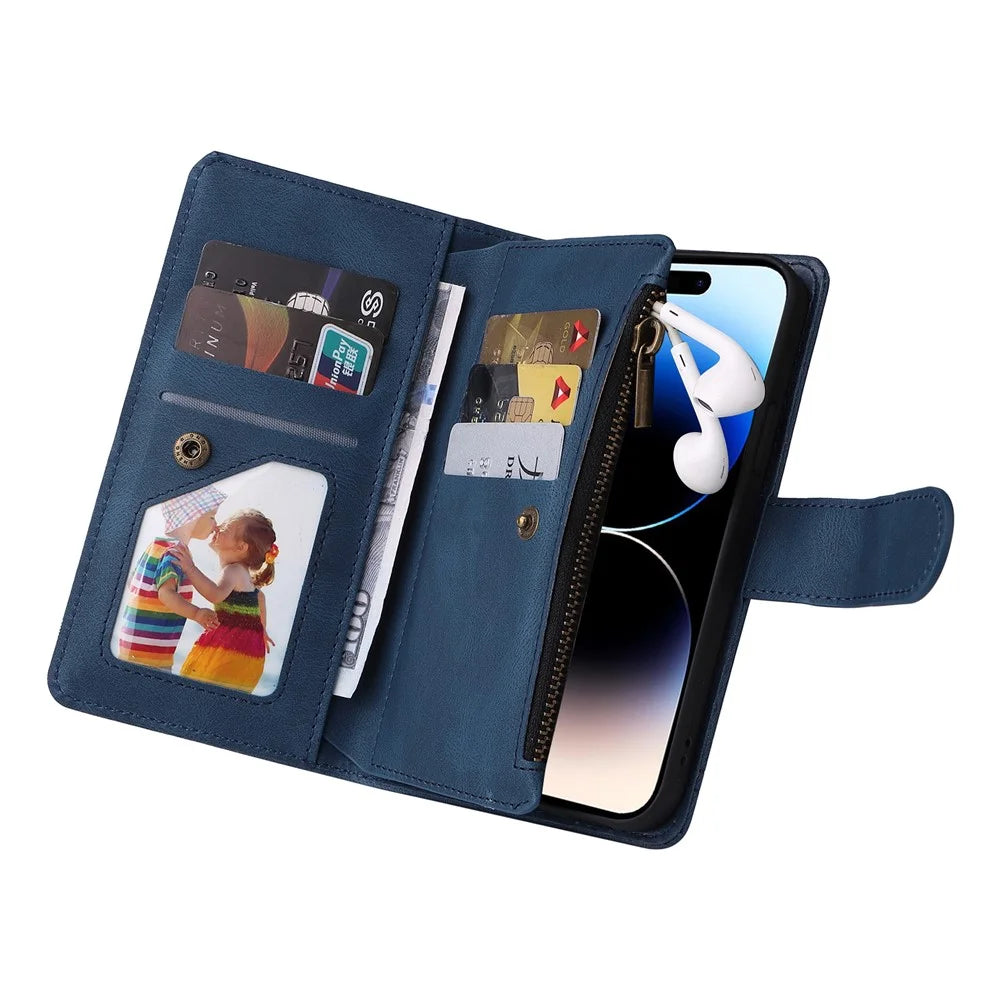 For iPhone 15 Pro Stand Case Zipper Pocket Phone Imprinted Skin-touch Wallet Multiple Card Slots Leather Cover - Blue - 5