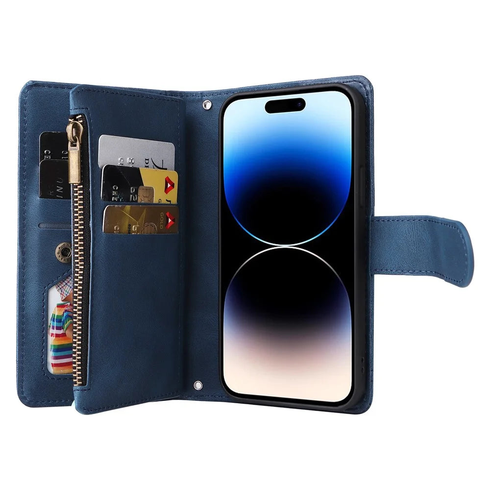 For iPhone 15 Pro Stand Case Zipper Pocket Phone Imprinted Skin-touch Wallet Multiple Card Slots Leather Cover - Blue - 6