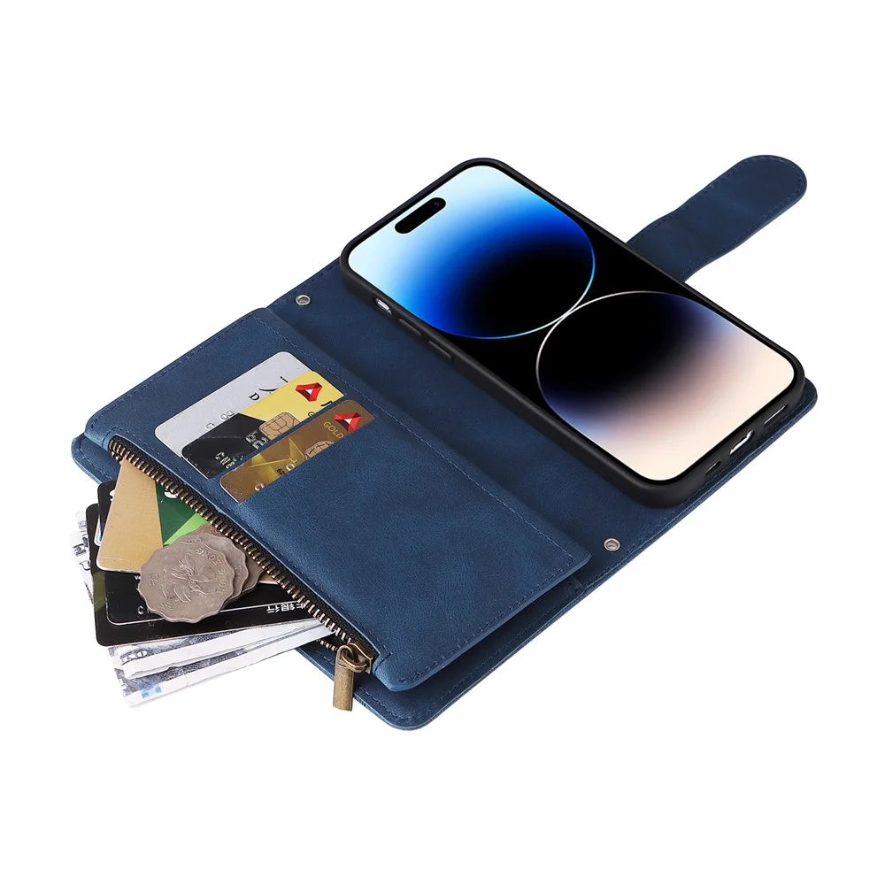 For iPhone 15 Pro Stand Case Zipper Pocket Phone Imprinted Skin-touch Wallet Multiple Card Slots Leather Cover - Blue - 7