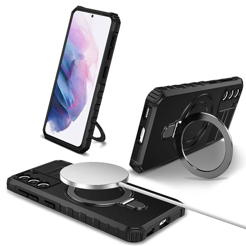 For Samsung Galaxy S21+ 5G Magnetic Metal Ring Cell Phone Case PC+TPU Phone Shell Kickstand Cover - Black - 1