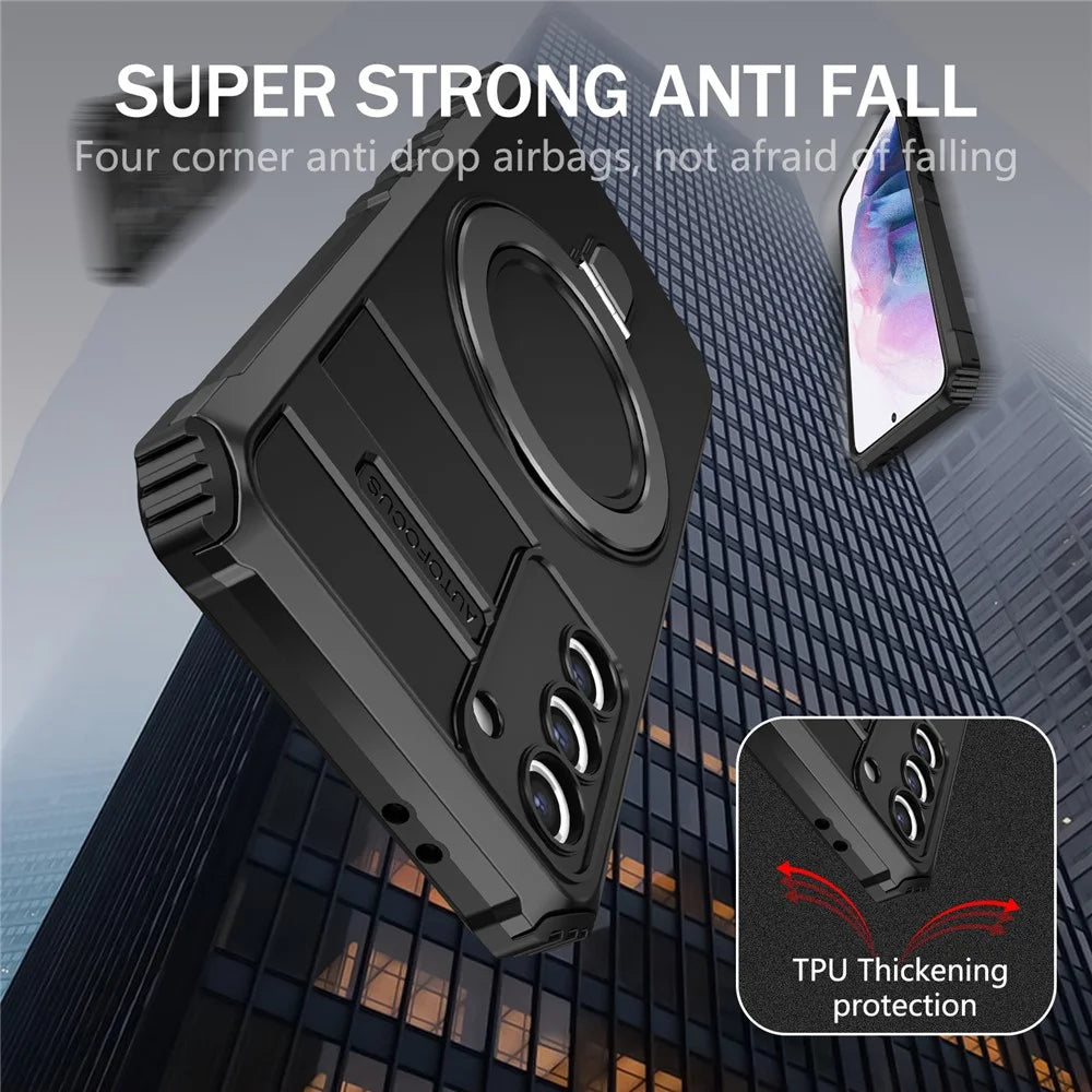 For Samsung Galaxy S21+ 5G Magnetic Metal Ring Cell Phone Case PC+TPU Phone Shell Kickstand Cover - Black - 4