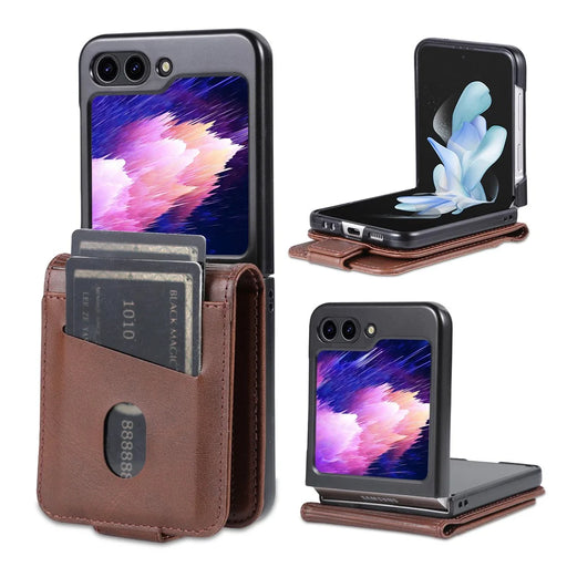 AZNS For Samsung Galaxy Z Flip5 5G Leather Phone Case Card Holder Phone Cover - Coffee - 1