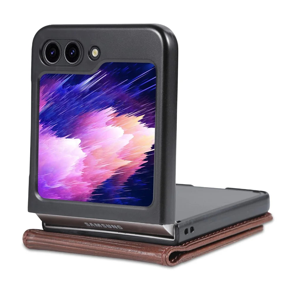 AZNS For Samsung Galaxy Z Flip5 5G Leather Phone Case Card Holder Phone Cover - Coffee - 5