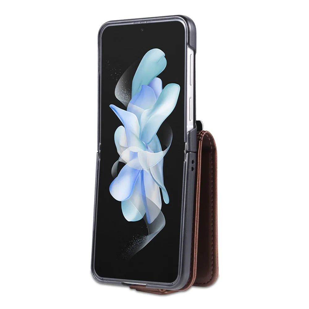 AZNS For Samsung Galaxy Z Flip5 5G Leather Phone Case Card Holder Phone Cover - Coffee - 6