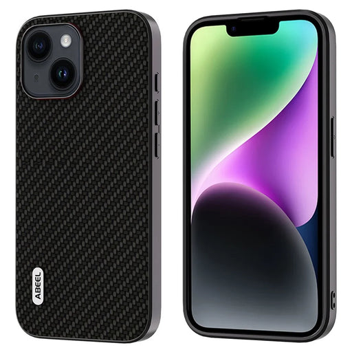 ABEEL For iPhone 14 Carbon Fiber Texture Phone Case Anti-Scratch PU Leather Coated PC+TPU Cover - Black - 1