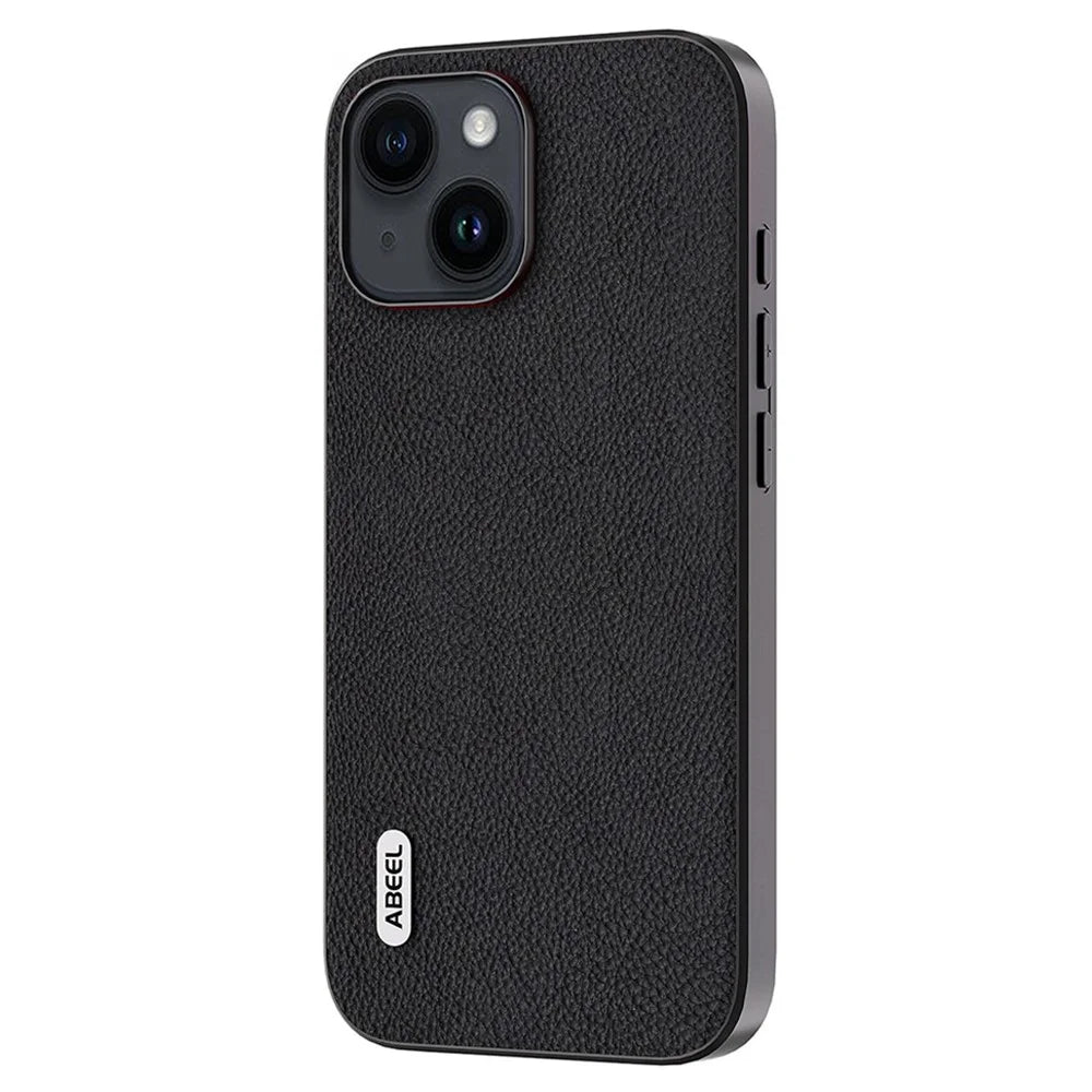 ABEEL For iPhone 14 Shockproof Phone Case Cowhide Leather Coated PC+TPU Fine Litchi Texture Cover - Black - 2