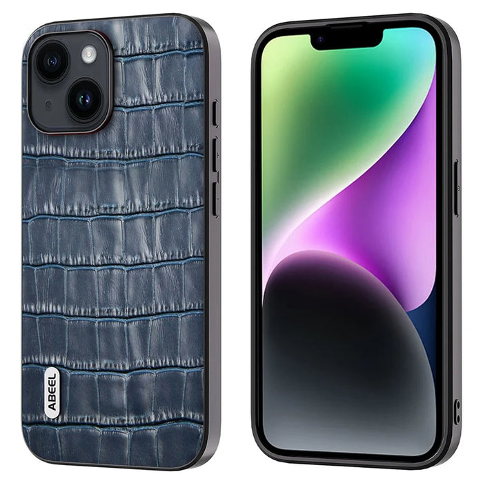 ABEEL For iPhone 14 Crocodile Texture Phone Case Cowhide Leather + TPU + PC Hybrid Cover - Blue - 1