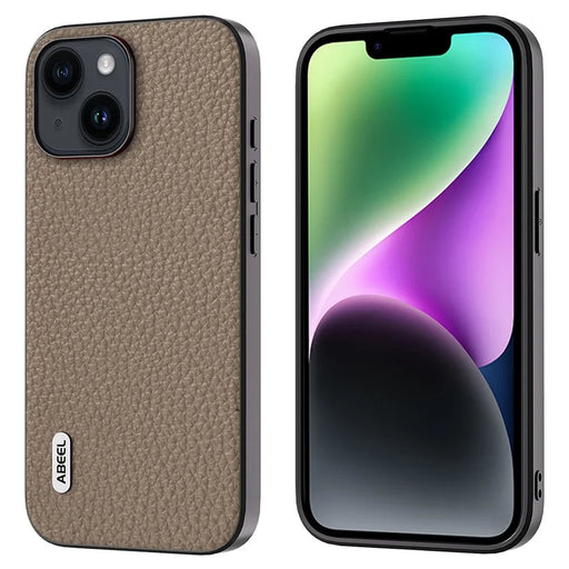 ABEEL For iPhone 14 Anti-scratch Cowhide Leather Coated PC+TPU Phone Case Litchi Texture Cover - Khaki - 1