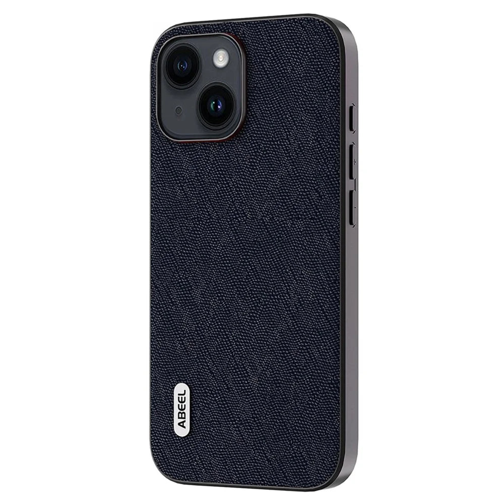 ABEEL For iPhone 14 Cross Texture Phone Back Case Cowhide Leather + TPU + PC Shockproof Cover - Blue - 2