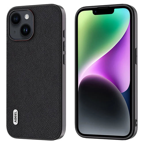 ABEEL For iPhone 14 Plus Phone Case Cowhide Leather Coated PC+TPU Fine Litchi Texture Back Cover - Black - 1