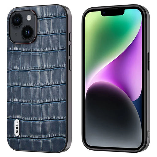 ABEEL For iPhone 14 Plus Anti-drop Crocodile Texture Phone Case Cowhide Leather + TPU + PC Hybrid Cover - Blue - 1