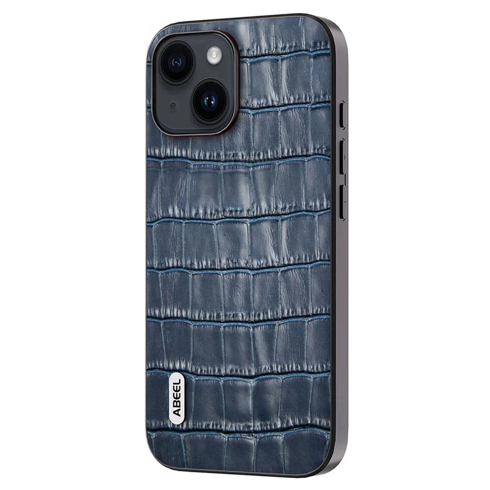 ABEEL For iPhone 14 Plus Anti-drop Crocodile Texture Phone Case Cowhide Leather + TPU + PC Hybrid Cover - Blue - 2