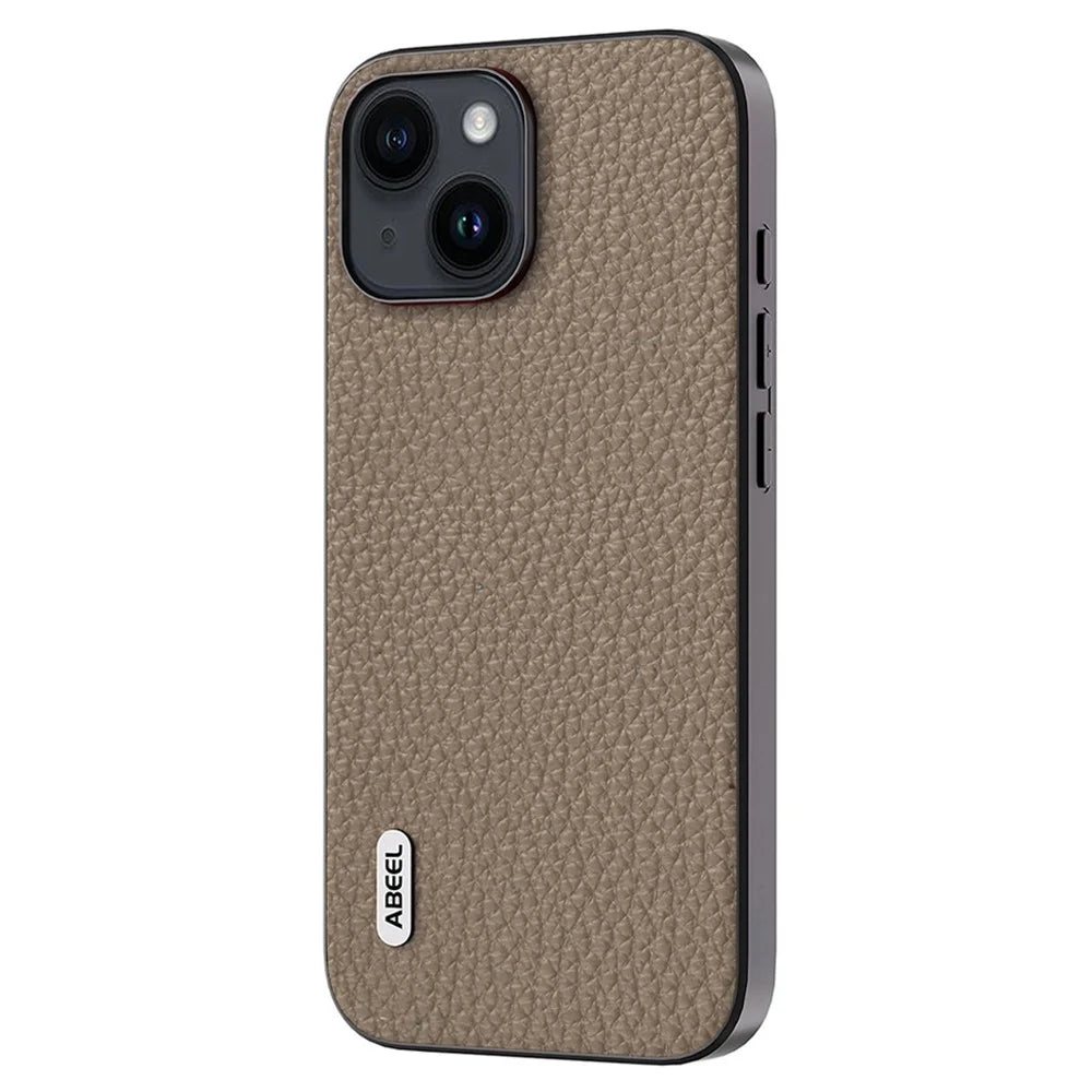ABEEL For iPhone 14 Plus Cowhide Leather Coated PC+TPU Phone Case Litchi Texture Shockproof Cover - Khaki - 2
