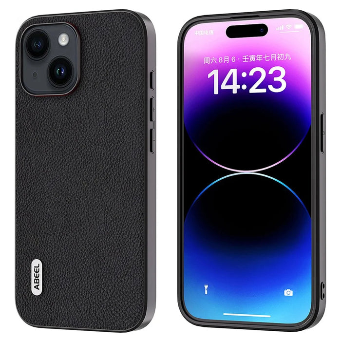 ABEEL Cowhide Leather Coated PC+TPU Case for iPhone 15 Litchi Texture Shockproof Phone Cover - Black - 1