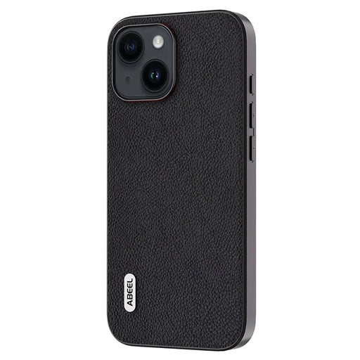 ABEEL Cowhide Leather Coated PC+TPU Case for iPhone 15 Litchi Texture Shockproof Phone Cover - Black - 2