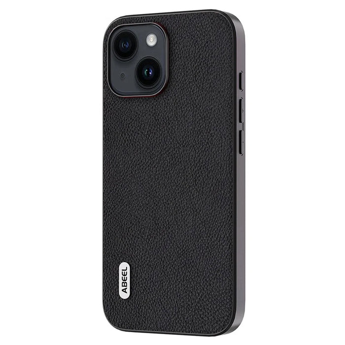 ABEEL Cowhide Leather Coated PC+TPU Case for iPhone 15 Litchi Texture Shockproof Phone Cover - Black - 2