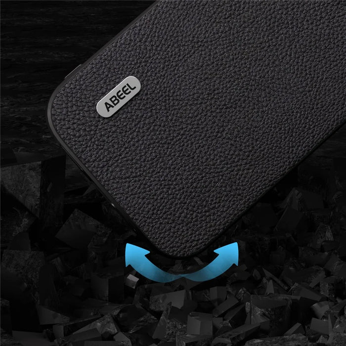 ABEEL Cowhide Leather Coated PC+TPU Case for iPhone 15 Litchi Texture Shockproof Phone Cover - Black - 4