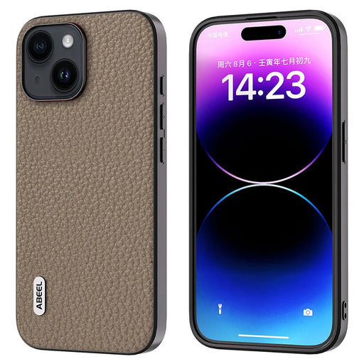 ABEEL For iPhone 15 Plus Cowhide Leather Coated PC+TPU Case Litchi Texture Anti-scratch Phone Cover - Khaki - 1