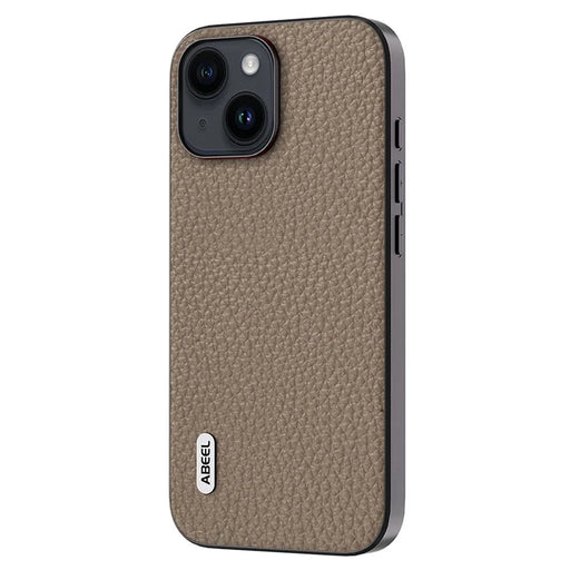 ABEEL For iPhone 15 Plus Cowhide Leather Coated PC+TPU Case Litchi Texture Anti-scratch Phone Cover - Khaki - 2