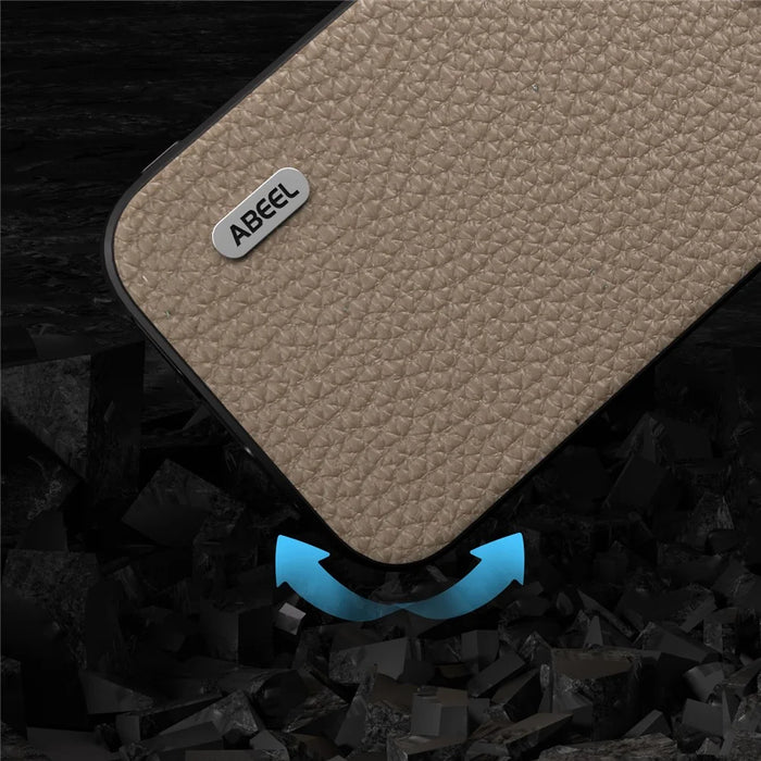 ABEEL For iPhone 15 Plus Cowhide Leather Coated PC+TPU Case Litchi Texture Anti-scratch Phone Cover - Khaki - 4
