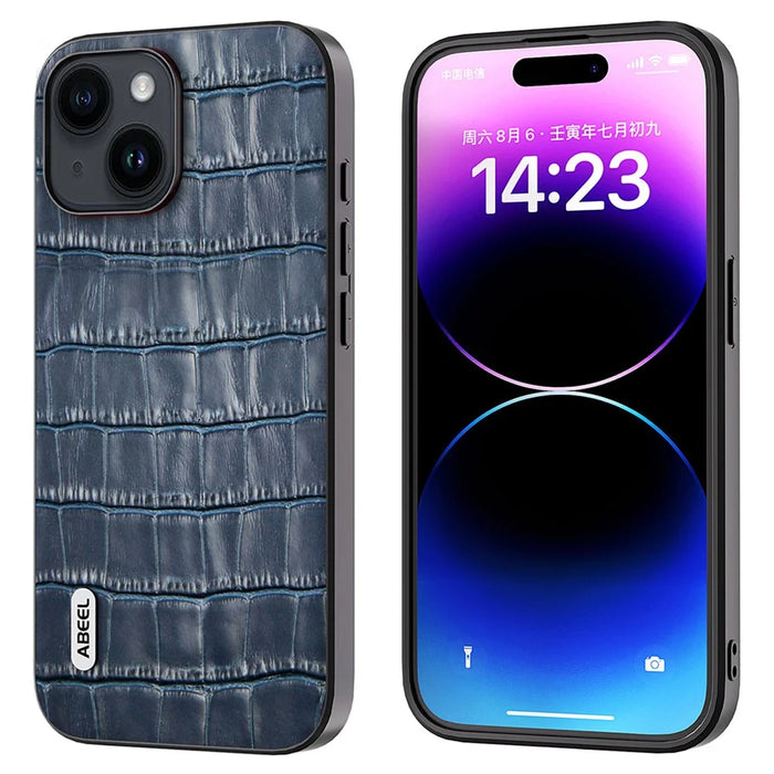 ABEEL Anti-scratch Phone Case for iPhone 15 , Crocodile Texture Cowhide Leather Coated TPU + PC Cover - Blue - 1