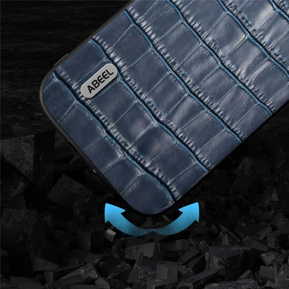 ABEEL Anti-scratch Phone Case for iPhone 15 , Crocodile Texture Cowhide Leather Coated TPU + PC Cover - Blue - 4