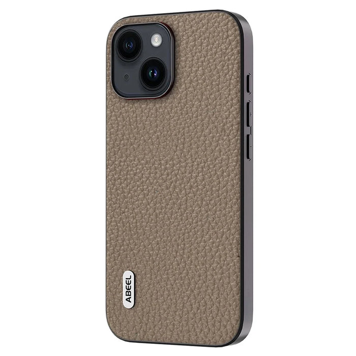 ABEEL Slim Phone Case for iPhone 15 Cowhide Leather + PC + TPU Litchi Texture Protective Cover - Khaki - 2