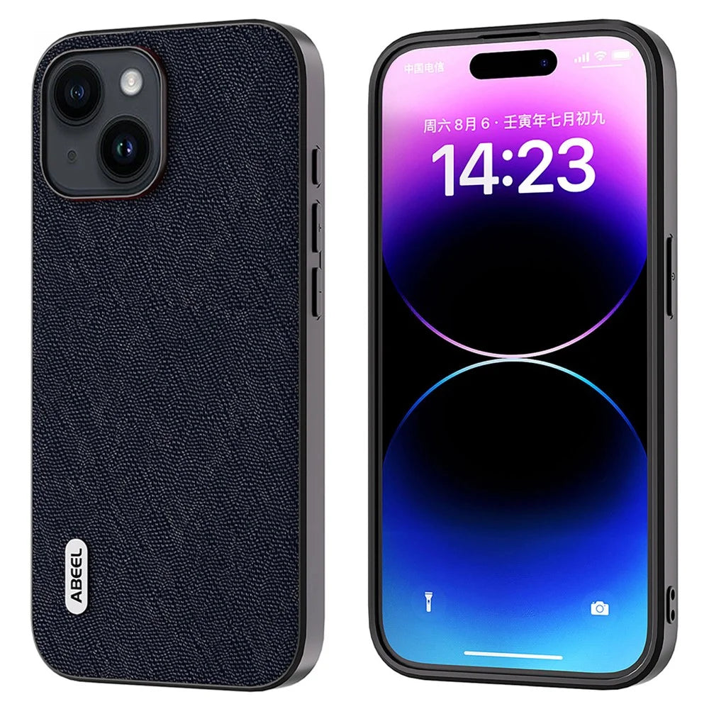 ABEEL For iPhone 15 Anti-Scratch Phone Case Cowhide Leather + PC + TPU Cross Texture Phone Cover - Blue - 1
