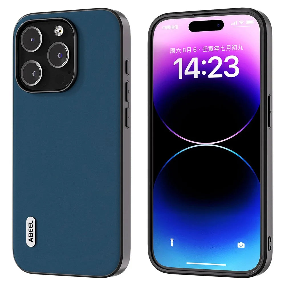 ABEEL For iPhone 14 Pro Max Silky Feeling Phone Case Cowhide Leather Coated PC+TPU Anti-Fall Cover - Blue - 1