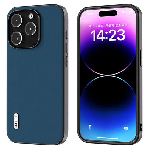 ABEEL For iPhone 14 Pro Max Silky Feeling Phone Case Cowhide Leather Coated PC+TPU Anti-Fall Cover - Blue - 1