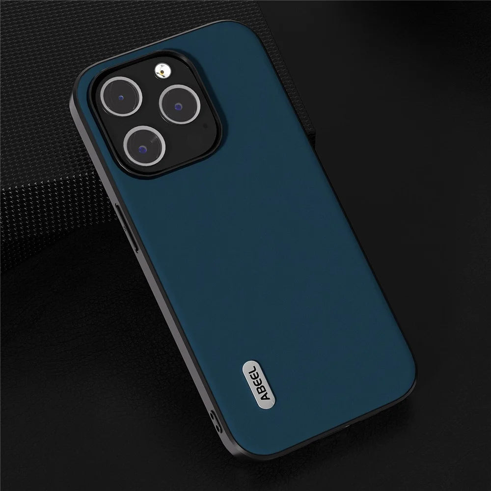 ABEEL For iPhone 14 Pro Max Silky Feeling Phone Case Cowhide Leather Coated PC+TPU Anti-Fall Cover - Blue - 4