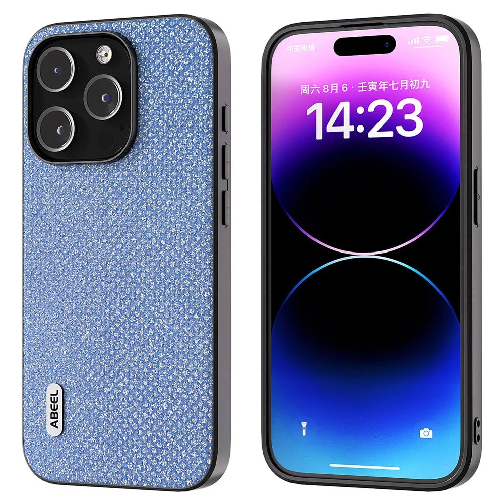 ABEEL For iPhone 14 Pro Max Shockproof PU Leather+PC+TPU Phone Case Glitter Rhinestone Texture Protective Cover - Blue - 1
