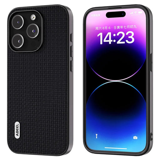 ABEEL For iPhone 14 Pro Max Phone Case Cowhide Leather Coated PC+TPU Luxury Textured Cover - Black - 1