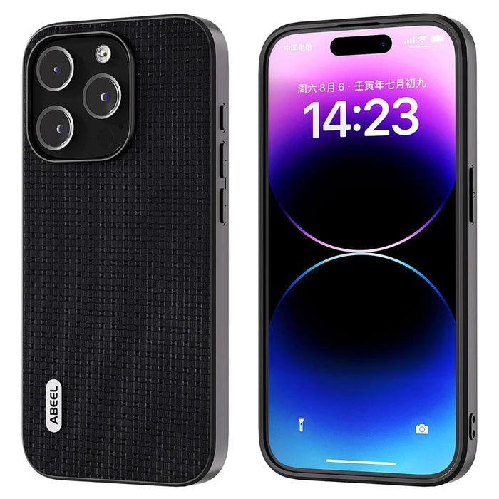 ABEEL For iPhone 14 Pro Max Phone Case Cowhide Leather Coated PC+TPU Luxury Textured Cover - Black - 1